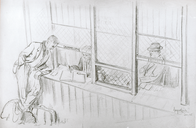 876495 Afbeelding van een man die zich aanmeldt bij een onbekend loket, hij heeft koffers bij zich; rechts is het ...